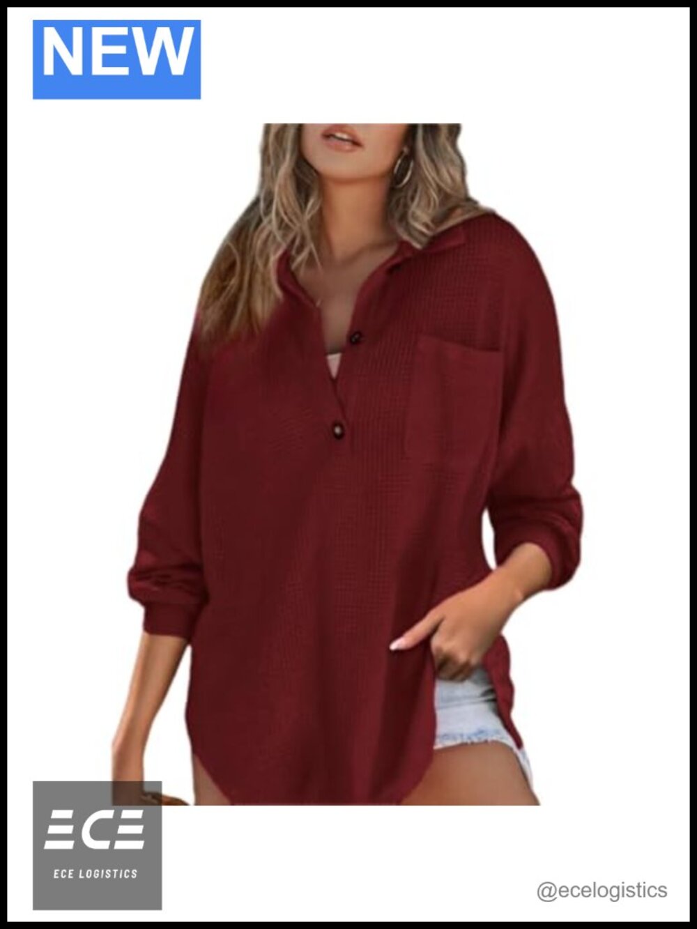 Waffle Knit Henley Tunic Top Loose Long Sleeve V-Neck Casual Pullover